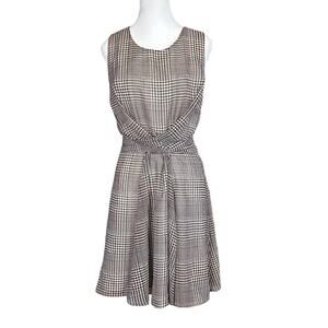 Maison Jules Tie Front Fit Flare Dress Houndstooth Sz 10 Burgundy Black Cream